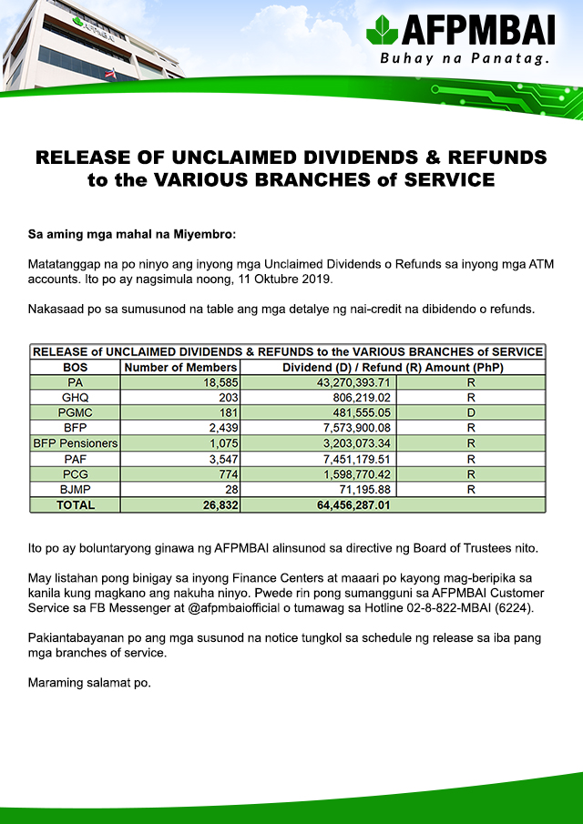 Release of unclaimed dividends & refunds to the various branches of