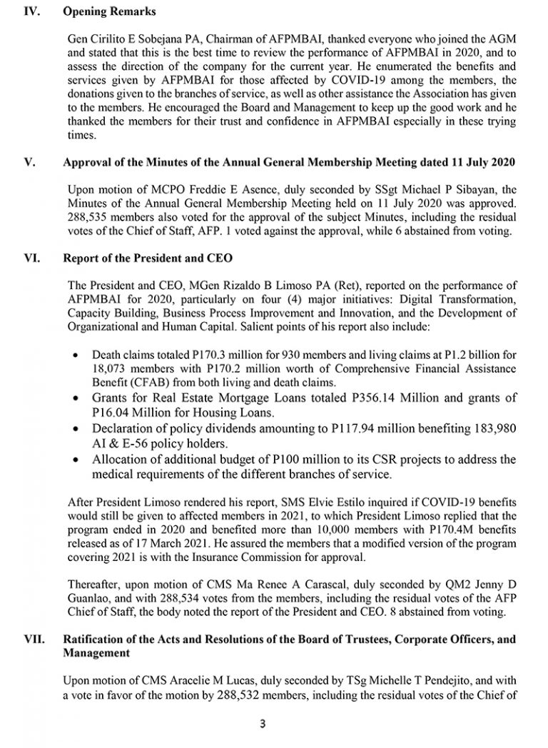 SUMMARY OF THE MINUTES OF THE 2021 ANNUAL GENERAL MEMBERSHIP MEETING ...